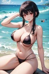 1girls ai_generated beach big_breasts bikini black_bikini black_hair eternoai female female_only nai_diffusion ocean red_eyes solo spy_x_family stable_diffusion tagme thick_thighs white_skin yor_briar