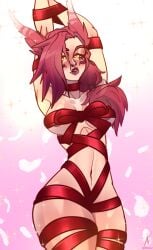 1girls animal_ears animal_humanoid blush blushing cat_eyes censored face_markings harpy league_of_legends nivelli pink_lips ponytail purple_hair red_ribbon ribbon_bondage ribbon_choker ring_piercing riot_games short_hair thick_thighs thighs video_games wrapped wrapped_up xayah yellow_eyes