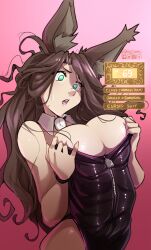 1girls 2023 alternate_costume brown_hair bunny_ears bunny_girl bunnysuit bursting_breasts cleavage cursed dorothea_arnault english_text female female_only fire_emblem fire_emblem:_three_houses gameplay_mechanics green_eyes haysey_draws large_breasts long_hair looking_at_viewer nintendo pantyhose patreon solo stats sweat text upper_body very_long_hair zipper