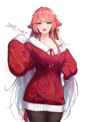 1girls animal_ears chentc101 cleavage collarbone confident cute dress earrings female female_only genshin_impact hand_on_hip highres legwear light-skinned_female long_hair looking_at_viewer magenta_eyes nail_polish nails off_shoulder open_mouth oversized_clothes pantyhose peace_sign pink_hair sleeves_past_wrists smile solo standing sweater sweater_dress v v_sign very_long_hair white_background yae_miko