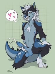 absurd_res anthro blue_body blue_fur blue_nipples blue_nose canid canine chest_tuft dewclaw dinosaur ejaculating_cum ejaculation fur genitals green_eyes hair heart_reaction hi_res holding_penis humanoid_genitalia humanoid_penis hybrid male mammal nipples penis reptile scalie sigil_(fatdog) solo tuft unknown_artist white_hair