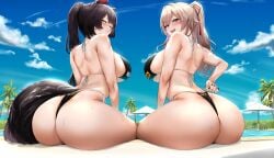 2girls animal_ears ass beach bikini black_bikini blonde_hair breasts brown_eyes brown_hair dat_ass female furen_e_lustario grin high_resolution huge_ass huge_breasts inui_toko kemonomimi large_ass large_breasts long_hair naughty_face nijihub nijisanji outdoors ponytail pornhub_bra red_eyes sanuki_(kyoudashya) smile suggestive_look tail text_on_clothing thick_thighs thighs virtual_youtuber