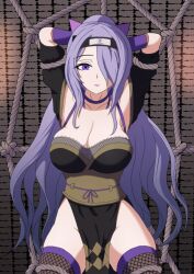 1girls alternate_costume alternate_hairstyle armpits arms_behind_head arms_up bare_thighs bondage bound bra_strap breasts camilla_(fire_emblem) camilla_(ninja)_(fire_emblem) cleavage elbow_gloves female female_only femsub fire_emblem fire_emblem_fates fire_emblem_heroes fishnet_legwear fishnets forced gloves groping hair_over_one_eye large_breasts long_hair looking_at_viewer maledom molestation ninja nintendo official_alternate_costume official_alternate_hairstyle owltigerlizerd pelvic_curtain ponytail purple_eyes purple_hair restrained rope rope_bondage skindentation smile solo thighhighs thighs very_long_hair