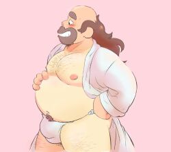 1boy artist_request balls beard blush bulge butt chest_hair chubby dressing_gown facial_hair flaccid greg_universe hairy_thighs hand_on_stomach male male_focus male_only moobs overweight partially_clothed penis pubic_hair robe smiling solo solo_male steven_universe tagme tanline thick_eyebrows thick_neck