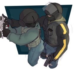 2boys ass bandit_(rainbow_six) bros_being_bros bulge bulge_between_ass_cheeks bulge_on_ass clothed fat_ass fraternity gay gun helmet jager_(rainbow_six) male/male male_only manly masked_male rainbow_six rainbow_six_siege soldier soldier_uniform tactical_gear tactical_glasses tactical_vest tight_jeans tight_pants traitmill vest