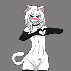 anthro choker clothing dakota_(yeetboi420z) felid fur gesture hair hand_heart heart_(marking) hi_res jewelry legwear male mammal necklace solo thigh_highs white_body white_fur white_hair yeetboi420z