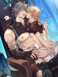 2boys abs aether_(genshin_impact) alhaitham_(genshin_impact) anal anal_sex big_dom_small_sub bishonen blush bubble_ass bubble_butt cuppydraws drool drool_string drooling french_kiss gay gay_sex genshin_impact kissing long_hair male male/male male_only muscular muscular_male pecs sex_toy twink veiny_muscles yaoi