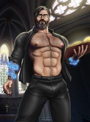 actor asmodis_(artist) bulge celebrity daddy father_vincent in_character male male_only muscles muscular muscular_male open_shirt silver_fox tristán_ulloa warrior_nun_(series)