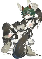 5_fingers anthro balls biped black_sclera cheek_tuft facial_tuft fingers foreskin fur fur_tuft genitals glans green_hair hair hi_res horn humanoid_genitalia humanoid_penis hypnosis inner_ear_fluff kemono lagomorph latex_transformation leporid male mammal milkytiger1145 mind_control penis rabbit rubber solo tail tuft