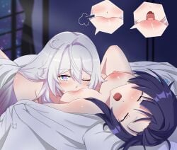 2girls erect_nipples female female_only honkai_impact_3rd indigo_hair kiana_kaslana kudayunii lesbian_sex looking_at_partner moaning moaning_in_pleasure multiple_girls one_eye_closed open_mouth raiden_mei silver_hair sucking sucking_nipples yuri