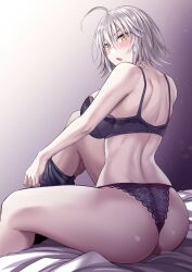 1girls ahoge alternate_version_available ass big_ass big_breasts black_lingerie blush bra breasts fate/grand_order fate_(series) female female_focus female_only hips ijima_yuu jeanne_alter large_ass large_breasts lingerie looking_at_viewer pale-skinned_female pale_skin panties short_hair sideboob simple_background sitting sitting_on_bed slim_waist solo_female thick_thighs thighs undressing white_hair wide_hips yellow_eyes