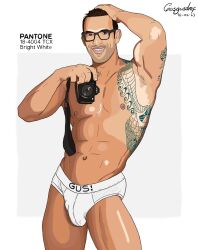 1boy big_bulge bulge camera caucasian garic_soldatov glasses gusgusdmf huge_bulge looking_at_viewer male male_only muscles muscular muscular_male photographer real_person smiling smiling_at_viewer solo solo_male tattoos underwear underwear_only