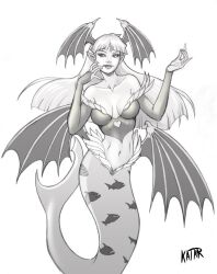 big_breasts black_and_white breasts clothing darkstalkers fish_girl fish_tail gloves long_hair mermaid mermaid_tail mermaid_transformation mikekatar monster_girl morrigan_aensland seductive_eyes seductive_look seductive_mouth seductive_pose seductive_smile small_breasts vampire_(game) vampire_savior