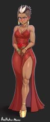 1girls aestheticc-meme artist_name blush blushing bracelets choker collar dark-skinned_female dress earrings female female_only full_body harriet_bree human looking_at_viewer mohawk_(hairstyle) no_visible_genitalia painted_nails red_dress rose rwby sole_female solo undercut