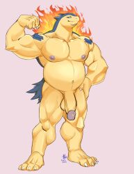 abs absurd_res balls casual_nudity feet flaccid flexing flexing_bicep generation_2_pokemon genitals hi_res itsdhani male male_only manly muscular muscular_male navel nintendo nipples nude pecs penis pokemon pokemon_(species) quads simple_background solo solo_focus typhlosion