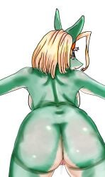 2023 2thpick anthro ass blonde_hair blue_eyes bodily_fluids breasts dripping female genital_fluids genitals hair head_accessory hi_res ippan_josei multicolored_body my_hero_academia nude pussy pussy_juice pussy_juice_drip simple_background sitting solo teal_body two_tone_body unknown_species white_background white_body