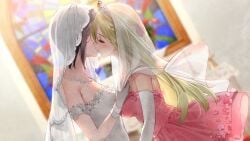 2girls black_hair blonde_hair breasts bridal_veil church closed_eyes dress dsmile elbow_gloves furutachi_ren game_cg gloves hayahoshi_akuru kissing kissing layered_dress long_hair medium_breasts necklace oshi_no_love_yori_koi_no_love pink_dress stained_glass_window strapless strapless_dress tiara veil wedding_dress white_dress wife_and_wife yuri