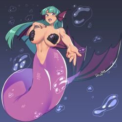 big_breasts breasts darkstalkers fish_girl fish_tail gigantic_breasts gloves large_breasts lilirulu long_hair mermaid mermaid_ass mermaid_tail mermaid_transformation monster_girl morrigan_aensland seashell_bra seductive_eyes seductive_look seductive_mouth seductive_pose seductive_smile succubus tail thick_mermaid_hips underwater vampire_(game) vampire_savior water