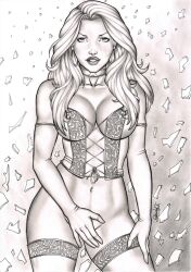 black_and_white bottomless bottomless_female choker corset covering_pussy curvy curvy_female elberty_(artist) emma_frost female female_only marvel marvel_comics navel white_queen x-men