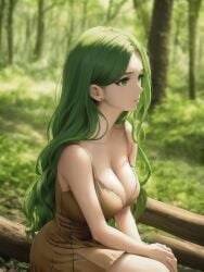 1girls ai_generated bare_shoulders big_ass cleavage dress female forest green_eyes green_hair large_breasts long_hair original original_character outdoors outside shmebulock36 solo solo_female