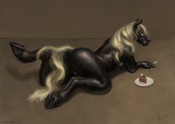 2018 anthro black_body black_fur black_pussy blonde_hair blonde_mane brown_background cake candy chocolate chocolate_cake dessert equid equine female food fur genitals green_eyes hair hi_res hooves horse kyera_(kyeramoon) lying mammal mane nude on_front plate pussy raised_leg simple_background solo storm_engineer tail yellow_tail