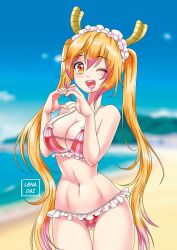 1girls beach big_breasts bikini blonde_hair cleavage curvy dragon_girl dragon_horns female lena_dai lenadai light-skinned_female maid_headdress miss_kobayashi's_dragon_maid orange_eyes slit_pupils solo tohru_(dragon_maid) wide_hips