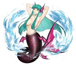 big_breasts breasts darkstalkers female fish_girl fish_tail gigantic_breasts gloves green_hair jpeg long_hair mermaid mermaid_girl mermaid_tail mermaid_transformation monster_girl morrigan_aensland purple_tail seashell_bra seductive_eyes seductive_look seductive_mouth seductive_pose seductive_smile small_breasts succubus tail topless topless_female uirusu_chan vampire_(game) vampire_savior water