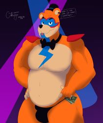 absurd_res animatronic anthro bear brown_body bulge cake_top clothed clothing digital_media_(artwork) erection erection_under_clothing five_nights_at_freddy's five_nights_at_freddy's:_security_breach glamrock_freddy_(fnaf) hat headgear headwear hi_res looking_at_viewer machine male male_only male_stripper mammal money_in_underwear musclegut muscular piercing robot scottgames smile solo text thong top_hat underwear