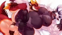 breastplate brown_hair chubby deer dragon gay horns kulplant licking_nipples male/male muscular_anthro muscular_male nipples penetration penis red_body sleeping white_body white_hair