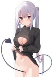 absurdres bangs between_legs black_sweater blush breasts brown_eyes cleavage_cutout closed_mouth clothes_lift clothing_cutout commentary_request demon_tail female grey_hair groin hair_between_eyes highres keyhole_turtleneck large_breasts lifted_by_self long_hair looking_at_viewer memekko navel nipples original pussy_juice simple_background solo sweater sweater_lift tail tail_between_legs turtleneck turtleneck_sweater twintails very_long_hair white_background