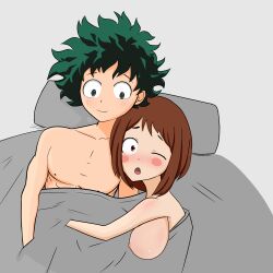 1boy 1girls completely_nude cuddling embarrassed in_bed izuku_midoriya koji_draw my_hero_academia nipple_slip ochako_uraraka shounen_jump shueisha tagme wholesome