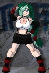 2019 aeolus06 alternate_version_available andrew_dickman awd big_breasts blue_eyes boots cleavage cosplay female final_fantasy final_fantasy_vii fingerless_gloves green_hair hair_over_one_eye hourglass_figure long_green_hair looking_at_viewer ponytail riley_(andrew_dickman) skirt square_enix suspenders tifa_lockhart tifa_lockhart_(cosplay)