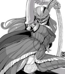 1girls armor big_breasts bottomless breasts elden_ring female female_only fromsoftware goddess low-angle_view malenia_blade_of_miquella nudiedoodles prosthetic pussy sword thick_thighs vagina weapon