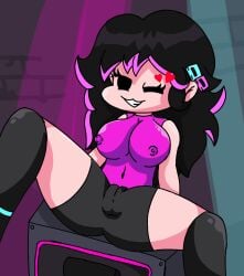 :3 big_ass big_breasts black_hair clothing female friday_night_funkin friday_night_funkin_(neo) friday_night_funkin_mod girlfriend_(friday_night_funkin) hairclip hearts long_hair neo_girlfriend_(mr.moisty) nipple_bulge pink_highlights smile stockings wink