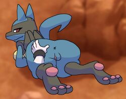 anthro anus armband ass black_body black_fur blue_body blue_fur breasts disembodied_penis duo eyelashes faceless_character faceless_human faceless_male female female_focus fur generation_4_pokemon genitals hand_on_butt hi_res human looking_back lucario male mammal mouth_closed nintendo pawpads penis pokemon pokemon_(species) praiz presenting pussy red_eyes smile spread_butt spreading yellow_body yellow_fur