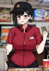 1girls big_breasts black_hair blush blushing breasts busty chainsaw_man dark_hair english_text fast_food fast_food_uniform female female_only higashiyama_kobeni huge_breasts job large_breasts nervous shounen_jump sweat sweating sweaty text work_clothes work_uniform worker working yukaraishin