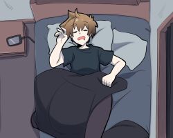 1boy brown_hair bulge bulge_through_clothing hyper_balls hyper_genitalia hyper_penis hyper_testicles laying_on_bed male_only merryweather merryweatherey sleeping