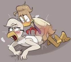 2boys action_lines anthro beak binder bird_tail blush breath brown_feathers cartoony chest_binder clenched_teeth closed_eyes disney disney_channel doggy_style ducktales ducktales_(2017) fenton_crackshell furry furry_only glasses grabbing_sheets gyro_gearloose heart-shaped_pupils holding_hips ibispaintx looking_pleasured male male/male male_only no_genitals open_mouth pink_aura purple_tie red_tail saliva saliva_string simple_background tail toony white_feathers yaoi