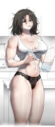 abs athletic_female blush brown_eyes brown_hair drool drooling fit_female ghdwid huge_breasts kitchen looking_at_viewer messy_hair muscular muscular_arms muscular_female original_character panties solo solo_female tagme_(character) tall_female thick_thighs toned_female water water_bottle