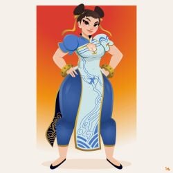 1girls 2022 black_eyes black_hair boob_window capcom chun-li cleavage clothed clothed_female earrings female female_only hair_buns hands_on_hips hourglass_figure human looking_at_viewer nightlyneu safe_for_work solo street_fighter street_fighter_6 thick_thighs wristbands