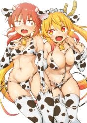 2girls bell big_breasts blonde_hair cleavage collar collar_and_bell cow_print cow_print_armwear cow_print_bikini cow_print_thighhighs dragon_girl dragon_horns female glasses kobayashi kobayashi_sun_(artist) large_breasts light-skinned_female maid_headdress medium_hair miss_kobayashi's_dragon_maid red_hair small_breasts tohru_(dragon_maid) twintails