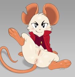 anthro anus big_ears bottomless clothed clothing feet female genitals grey_background hi_res looking_at_viewer mammal mina_(mina_the_hollower) mina_the_hollower mouse murid murine notched_ear partially_clothed plump_labia presenting presenting_pussy pussy rodent simple_background slimefur smile solo topwear yacht_club_games