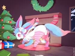 blue_hair blue_paws christmas christmas_lights christmas_tree clothing eeveelution feral fireplace fluffy fluffy_tail generation_6_pokemon genitals gift hair half-erect happy holidays legwear looking_back male male_only multicolored_ears multicolored_tail night nintendo penis pink_clothing pink_legwear pink_thigh_highs plant pokemon pokemon_(species) purpleninfy red_eyes ribbons solo sylveon tail thigh_highs tree white_body window