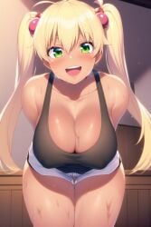 1girls ai_generated arms_behind_back bangs big_breasts black_skirt black_tank_top blonde_hair blush cleavage dark-skinned_female dark_skin dumbbell_nan_kilo_moteru? erection_under_clothes green_eyes gyaru gym_uniform hair_between_eyes huge_breasts long_hair looking_at_viewer no_bra open_mouth open_smile sakura_hibiki shiny shiny_hair shiny_skin short_shorts shorts smile solo sportswear sweat tan_body tan_skin tank_top thick_thighs thigh_gap twintails