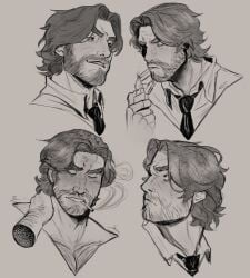 1boy bigby_wolf blush cigarette facial_hair lighter male male_only messy_hair scruffy smoking solo tagme the_wolf_among_us video_games werewolf