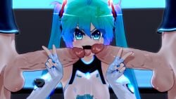 1girls 2boys 3d blue_eyes blue_hair blue_nails double_peace_sign double_v hatsune_miku heart-shaped_pupils licking_penis looking_at_viewer mantis_x oral peace_sign penis precum teenager third-party_edit tongue_out twintails v v_sign vocaloid young