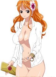 big_breasts brown_eyes cleavage dotvibe female female_only flower_in_hair frown_eyebrows holding_object long_sleeve_shirt nami nude_edit nude_underneath one_piece one_piece_film_gold open_shirt orange_hair pearl_earrings post-timeskip serious_look shaved_pussy white_background