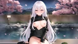 ai_generated black_sweater crying mountains nipples nude outdoor purple_eyes pussy sakura_tree sdev sitting water white_hair