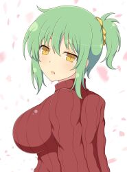 1girls expressionless female green_hair hikage_(senran_kagura) huge_breasts ichiryuu_tsumiki impossible_clothes light-skinned_female light_skin looking_at_viewer looking_back medium_hair open_mouth ponytail senran_kagura simple_background slit_pupils solo standing sweater yellow_eyes