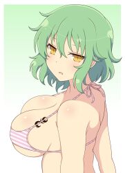 1girls bikini female gradient_background green_hair hikage_(senran_kagura) huge_breasts ichiryuu_tsumiki light-skinned_female light_skin looking_at_viewer looking_back medium_breasts open_mouth senran_kagura side_view sideboob simple_background skindentation slit_pupils solo standing tattoo yellow_eyes